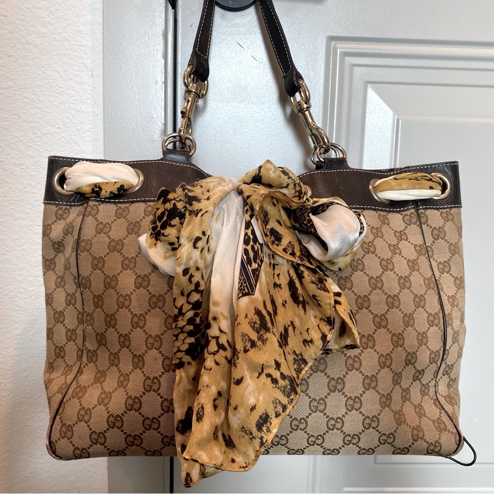 WHAT a JEWEL…Gucci Tan Monogram Tote with Patterned Scarf